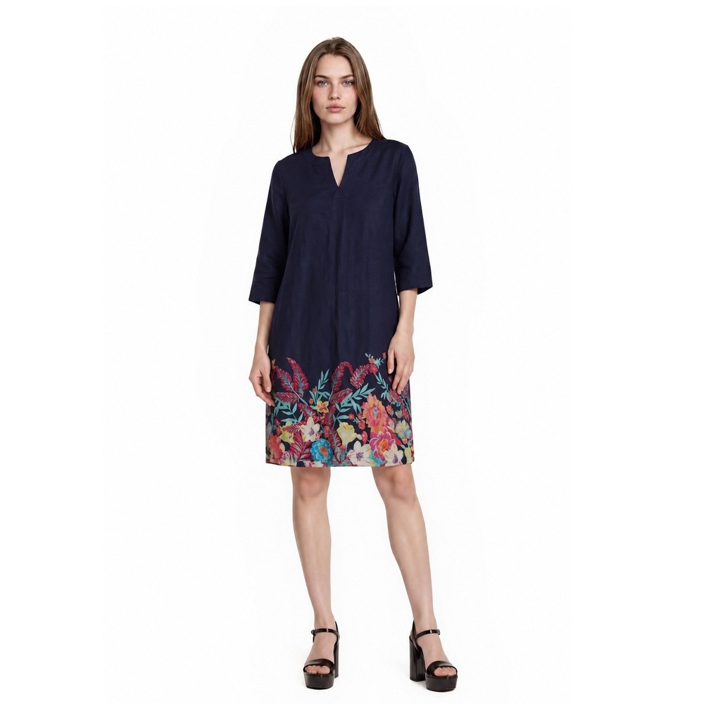 Talbots Tunic Dress Women's Size Medium Navy 100% Linen Floral Border